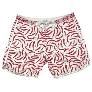 69Slam Mens Chili Pepper Print Board Shorts Swim Trunks Size 38 Wax Comb Beach